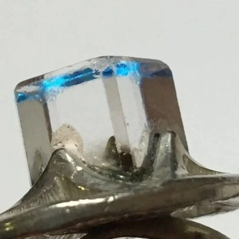 Vintage Silver Tone Blue Coated Glass Cube Ring Adjustable Band Size 7.25